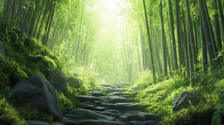 A lush bamboo forest with green bamboo stalks stretching skyward, while the ground and stones are covered in a soft layer of moss. The scene is peaceful and full of lifeの素材