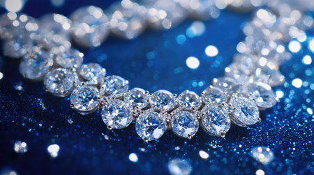 A luxurious diamond necklace displayed on a sapphire blue background, captured from above, with each gemstone gleaming under soft lightingの素材