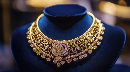 A luxury gold necklace with delicate filigree work and small diamonds, artistically displayed on a royal velvet surface, capturing its timeless beautyの素材