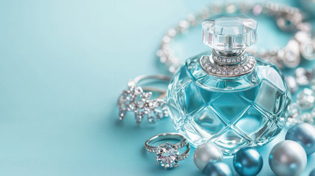 A luxurious perfume bottle and glittering jewelry, including rings and a necklace, arranged on a soft blue background for a sophisticated aesthetic.の素材