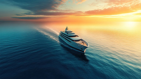 A luxurious white cruise ship sailing smoothly through calm ocean waters at sunrise, with the first light reflecting off the wavesの素材