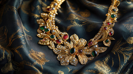 A luxury gold necklace with intricate gemstone work, artistically arranged on a silk fabric, reflecting sophistication and fine craftsmanshipの素材