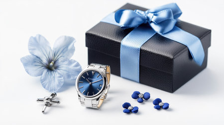 A luxury menaes gift set featuring a watch, cufflinks, blue flowers, and a blue-bowed gift box, perfect for Father's Day, isolated on a crisp white background.の素材