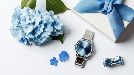 A luxury menaes accessory gift set including a stylish watch, cufflinks, and blue flowers, placed alongside a gift box with a blue bow on a white background.の素材