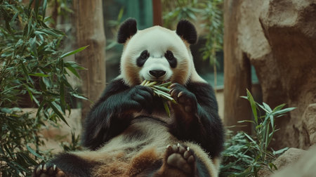 A panda sitting up in the zoo, holding bamboo in its paws and chewing happily. The zoo enclosure provides a peaceful backdrop for the pandaaes mealの素材