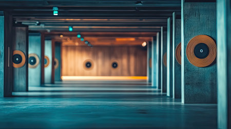 A professional shooting range with targets in place for firearms training, showcasing the clean setup and preparation for target practiceの素材