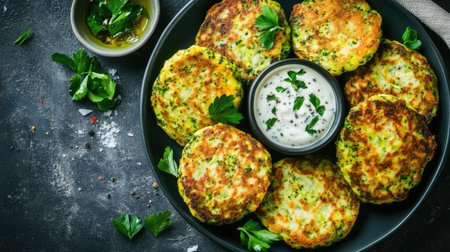 A plate of healthy broccoli and zucchini fritters, garnished with herbs and served with a vegan dip. A vibrant and delicious meal perfect for plant-based dietsの素材