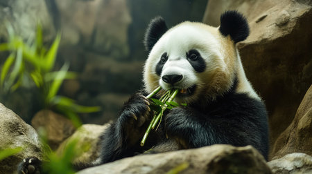 A panda leisurely eating bamboo while sitting in the zoo, looking calm and content. The relaxed atmosphere makes this a heartwarming scene of animal lifeの素材