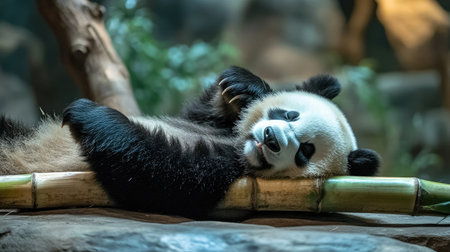 A panda lying on its back in the zoo, chewing on a large bamboo stalk. The panda looks completely relaxed and carefree as it enjoys its mealの素材