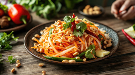 A plate of spicy papaya salad, topped with peanuts and chili, served with fresh vegetables on a wooden table. A staple in Thai cuisine.の素材