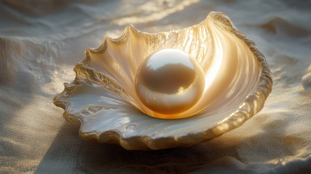 A radiant pearl cleverly encased in a carved shell, the detailed design wrapping around the glowing gem with an air of sophistication and beauty.の素材