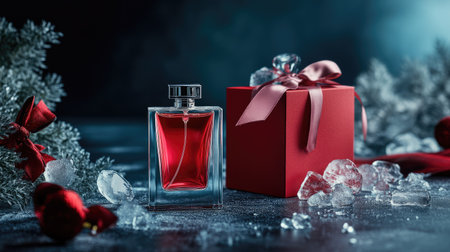 A perfume bottle, red gift box, and mixed ice pieces, accompanied by a fashionable bag, forming an elegant and refreshing composition for a perfect gift.の素材