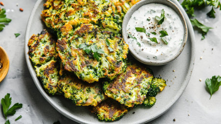 A plate of crispy broccoli and zucchini fritters, garnished with fresh herbs and served with a side of vegan dip. A healthy, vibrant vegan meal perfect for health-conscious eatersの素材