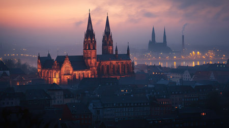 Mainz Cathedral at twilight, with the illuminated spires contrasting against the darkening sky, and the city lights beginning to twinkle below.の素材