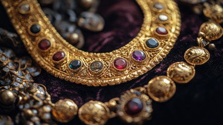 Close-up of a gold necklace with intricate designs and gemstones, artistically displayed on a velvet cushion, evoking timeless luxuryの素材