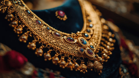 Close-up of a gold necklace with intricate detailing and gemstones, beautifully displayed on a velvet cushion, evoking luxury and sophisticationの素材