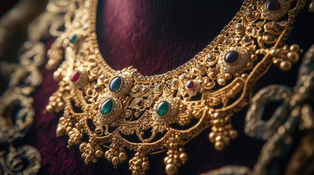 Close-up of a gold necklace with intricate designs and gemstones, artistically displayed on a velvet cushion, evoking timeless luxuryの素材