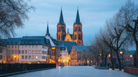 Mainz Cathedral at dusk, the towering spires glowing softly under evening lights, with the cathedral's ancient architecture standing out against the twilight sky.の素材