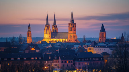 Mainz Cathedral at dusk, the towering spires glowing softly under evening lights, with the cathedral's ancient architecture standing out against the twilight sky.の素材