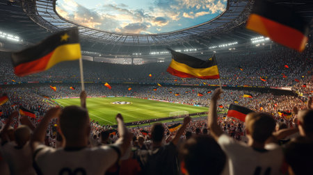3D render of a Euro stadium packed with white-clad fans waving Germany flags, capturing the excitement and unity of the crowd.の素材