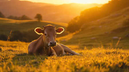 A calm Asturian Mountain cow lounges on the lawn, basking in the warm sunset light within the scenic surroundings of a national park.の素材