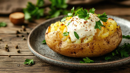A beautifully plated baked potato with butter and sour cream, complemented by fresh parsley and seasoning, set against a rustic wooden backgroundの素材