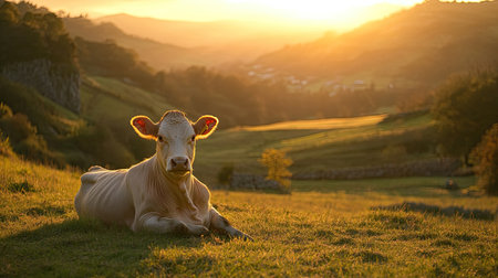 A calm Asturian cow sits on the lawn, surrounded by the beauty of a national park at sunset, with golden light illuminating the landscape.の素材