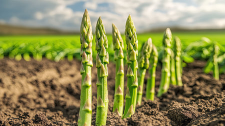 A field of green asparagus shoots standing tall against the earth, their fresh green color reflecting the vitality of spring growth.の素材