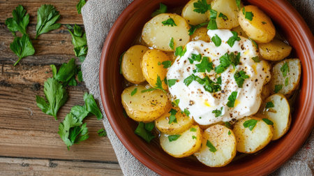 A dish of soft boiled potatoes, topped with sour cream and fresh herbs, served on a rustic wooden table. A simple yet delicious side dish.の素材