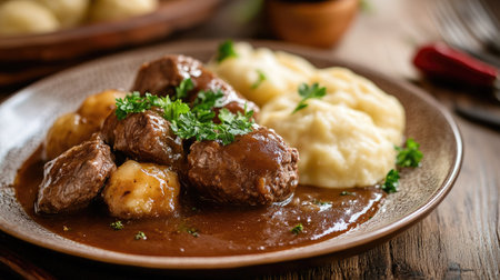 A comforting meal of boiled beef, fluffy dumplings, and rich sauce, garnished with fresh parsley on a rustic plate.の素材