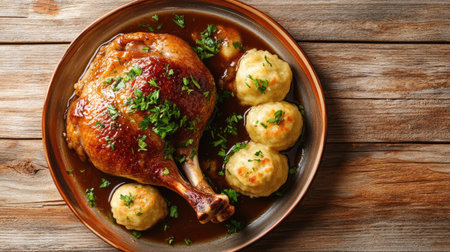 A hearty plate of baked duck leg with soft dumplings and a side of gravy, garnished with fresh herbs, served on a rustic wooden table.の素材
