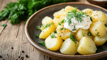 A plate of boiled potatoes with a dollop of sour cream, sprinkled with fresh dill and parsley, served on a rustic wooden table.の素材