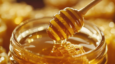 A glass jar of fresh honey paired with honeycombs, presented in a high-quality, close-up shot, focusing on the pure, golden tones and natural textures.の素材