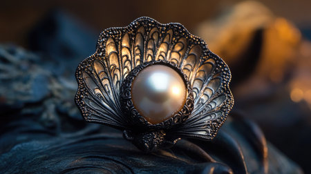 A radiant pearl sits encased in an intricately carved shell, the details of the shell wrapping elegantly around the glowing gem. A stunning display of elegance and craftsmanship.の素材