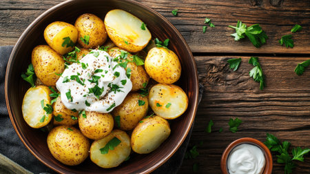A plate of boiled potatoes topped with sour cream, sprinkled with fresh herbs, served on a rustic wooden table. Simple yet delicious.の素材