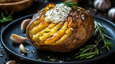 A rustic presentation of a baked potato, split open with melted butter and sour cream, surrounded by garlic cloves and rosemary on a dark plateの素材