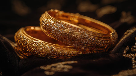 A set of traditional Indian gold bangles with detailed craftsmanship and ornate patterns, placed on a rich velvet surface, exuding cultural eleganceの素材