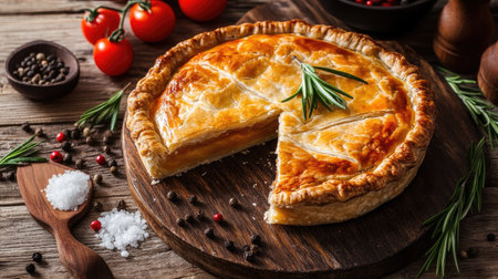 A savory pie with a slice removed, placed on a rustic table with rosemary, salt, pepper, and tomatoes. A perfect depiction of home-cooked food with a focus on healthy eating and dietの素材