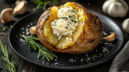 A rustic presentation of a baked potato, split open with melted butter and sour cream, surrounded by garlic cloves and rosemary on a dark plateの素材