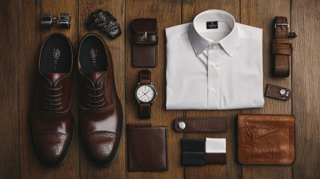 A sophisticated set of menaes accessories, including dark brown brogues, a white shirt, leather wallet, watch, cufflinks, and belt, laid out for a polished gentlemens look.の素材
