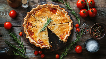 A savory baked pie with one slice missing, surrounded by tomatoes, rosemary, and seasonings like salt and pepper. A healthy home-cooked meal displayed on a rustic kitchen tableの素材