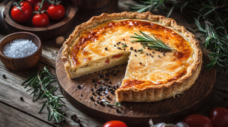 A savory pie with a slice removed, placed on a rustic table with rosemary, salt, pepper, and tomatoes. A perfect depiction of home-cooked food with a focus on healthy eating and dietの素材