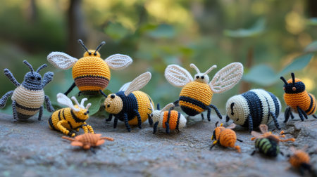 A set of knitted bees, designed in amigurumi style, arranged alongside other handmade insects in a cute and playful composition.の素材