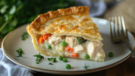 A slice of chicken pot pie on a plate, showing the creamy chicken and vegetable filling inside a perfectly flaky pastry crust. A satisfying homemade mealの素材