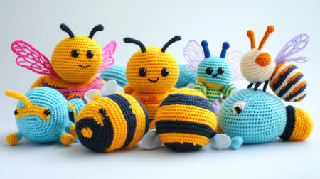 A set of knitted bees and other handmade insects arranged in a playful, colorful pattern. The amigurumi toys are soft and vibrant, perfect for children's decor.の素材