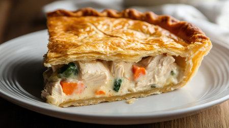 A slice of golden chicken pot pie with a flaky crust, revealing the rich, creamy filling of chicken and vegetables inside. A comforting, home-cooked mealの素材