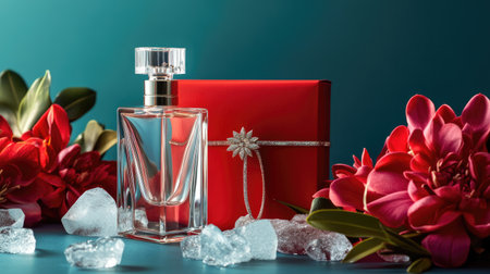 A sleek glass perfume bottle placed beside a red gift box, with mixed pieces of ice and a chic bag completing the stylish gift arrangement.の素材