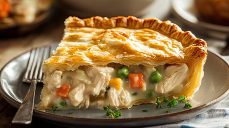 A slice of chicken pot pie on a plate, showing the creamy chicken and vegetable filling inside a perfectly flaky pastry crust. A satisfying homemade mealの素材