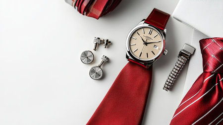 A sophisticated Father's Day greeting card paired with a red tie, luxury watch, and cufflinks, creating an elegant gift arrangement on a white backdrop.の素材