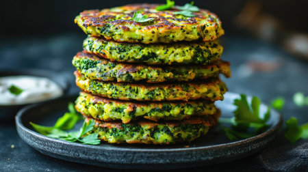 A stack of homemade broccoli and zucchini fritters, crispy on the outside and soft inside, served with fresh herbs and a vegan dip on a rustic plate. Healthy and deliciousの素材